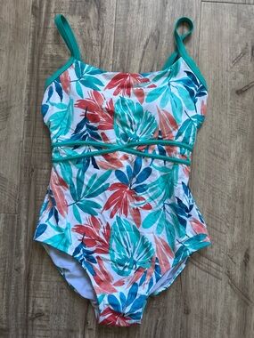 LL Bean Tropical Leaf One-Piece Swimsuit in Teal and Coral beach pool vacation